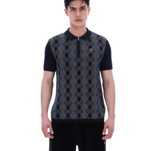 Black Castello Jacquard Knitted Polo with Zip – 4XL