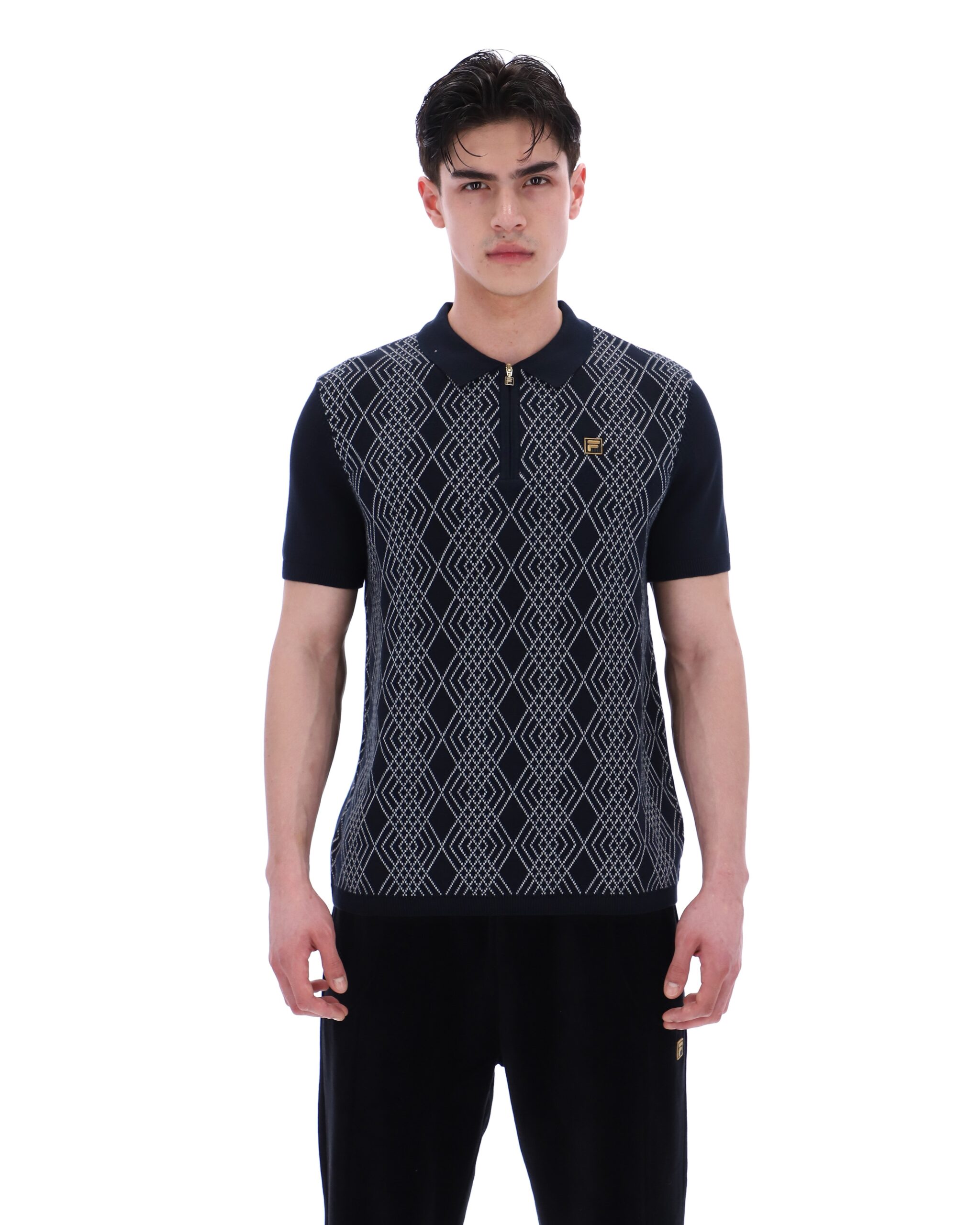 Black Castello Jacquard Knitted Polo with Zip - M