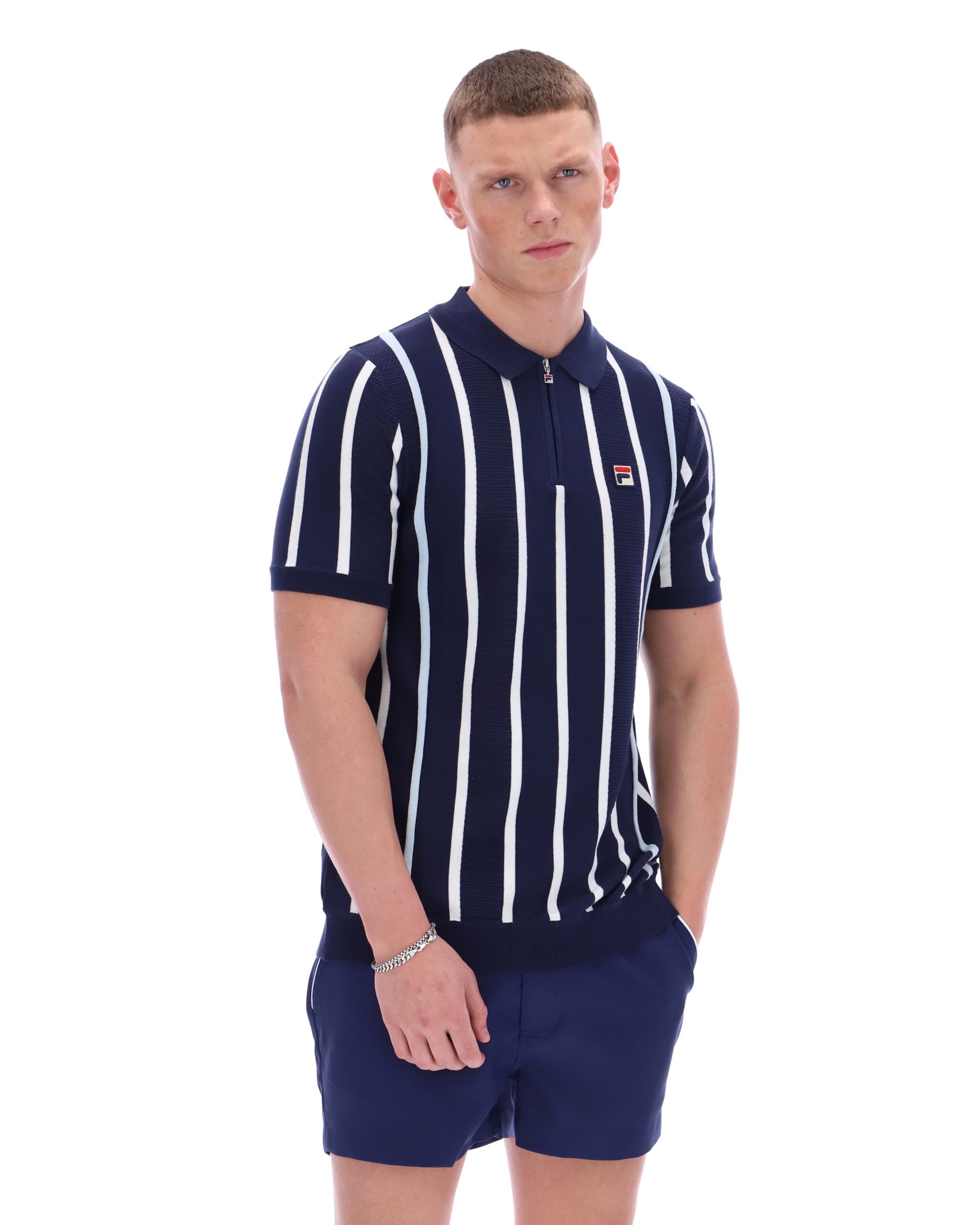 Fila Navy Giorgio Crochet Patchwork Knitted Polo - M