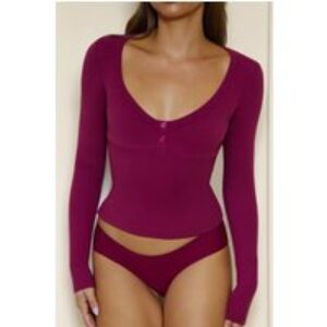 BASE Luxe Rib V Neck Button Long Sleeve Top Berry
