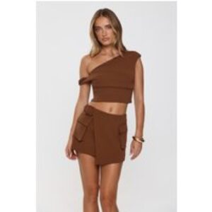 The Edit Tailored Off Shoulder Crop Top Brown