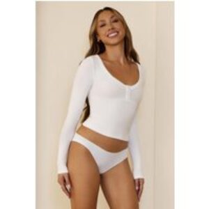 BASE Luxe Rib V Neck Button Long Sleeve Top Ivory