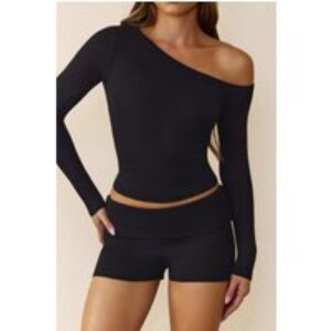 BASE Luxe Rib Off Shoulder Long Sleeve Top Black