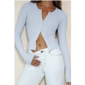 BASE Luxe Rib Button Front Long Sleeve Top Blue