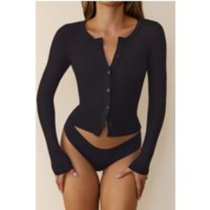 BASE Luxe Rib Button Front Long Sleeve Top Black