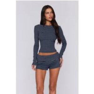 BASE Luxe Rib Scoop Back Long Sleeve Top Navy Grey Stripe