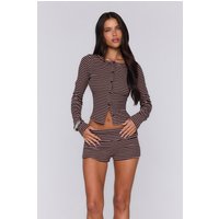 BASE Luxe Rib Button Front Long Sleeve Top Brown Pink Stripe