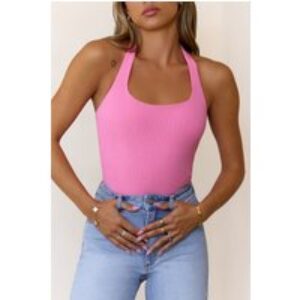 BASE Luxe Rib Simple Silhouette Halter Top Pink